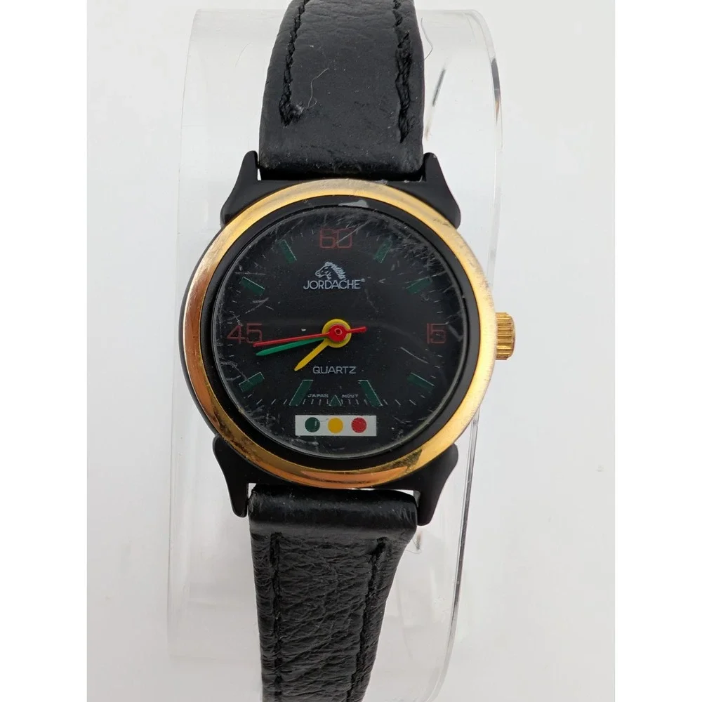 Vintage Jordache Watch Women 23mm Case Black Leather Band- New Battery